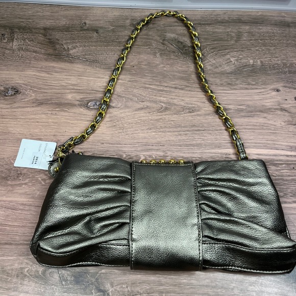 Hananel Shoulder Bag Women Pewter Metallic Studded Bow Chain Strap - Picture 10 of 16